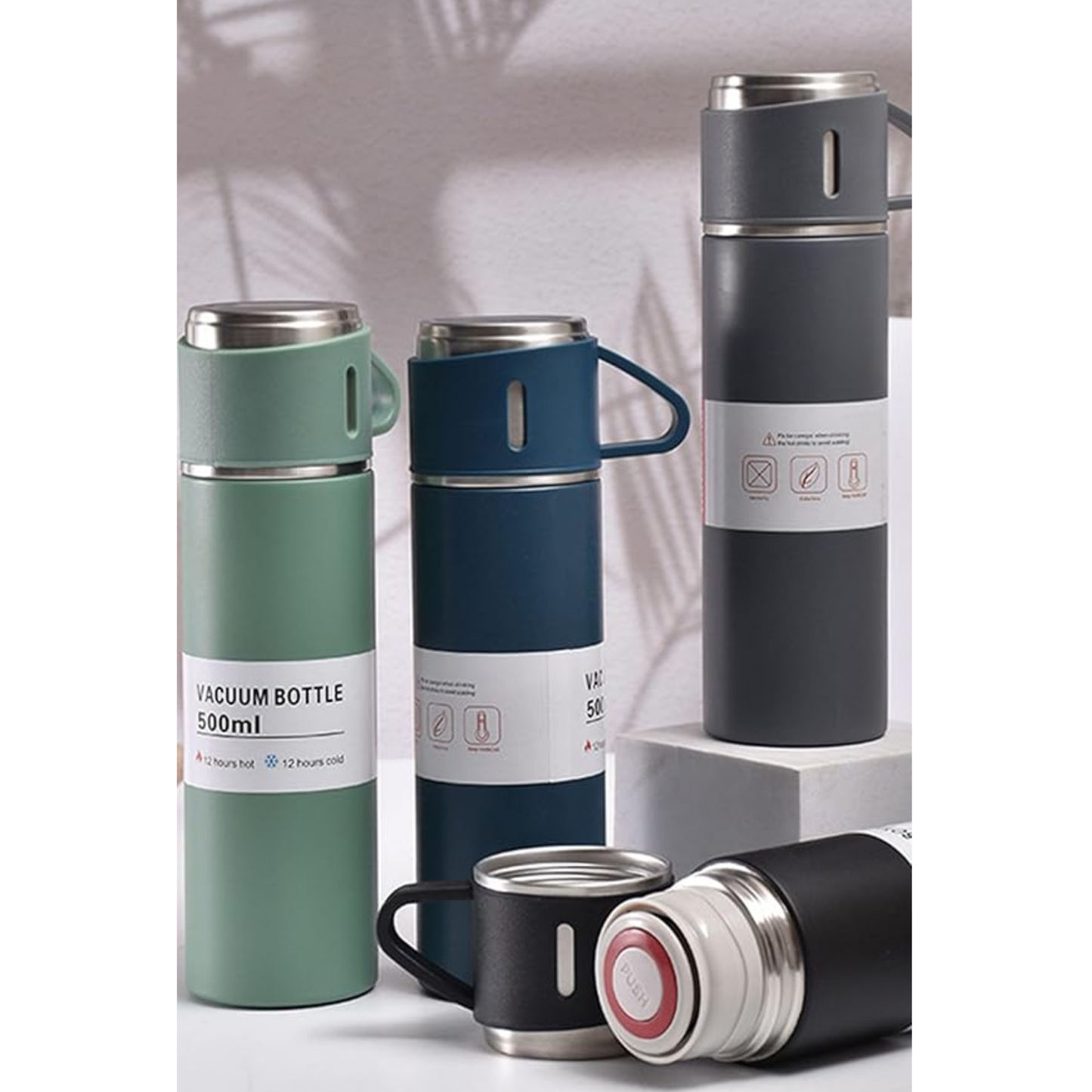 12 Saat Sıcak & Soğuk Tutma Garantili – 500 ml 304 Paslanmaz Çelik Termos Seti (3 Bardaklı)
