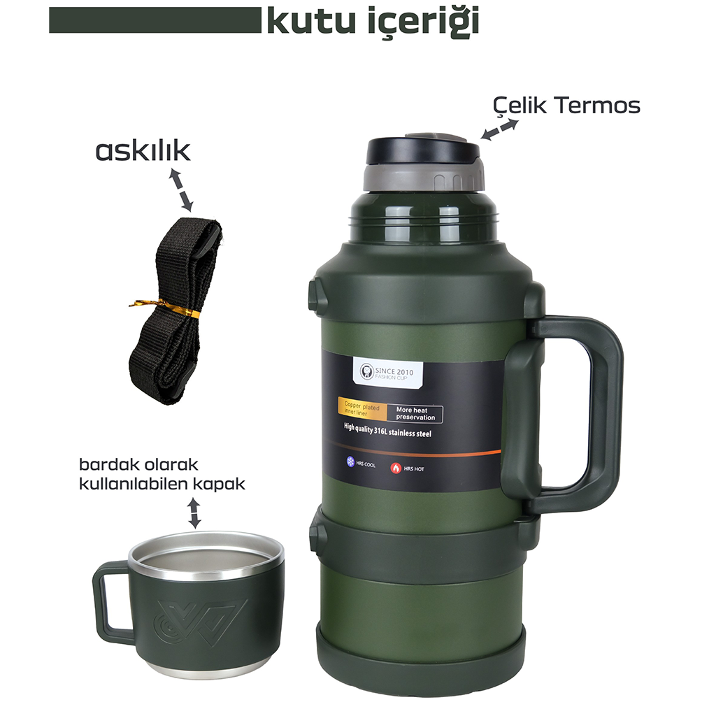 Büyük Kapasiteli 3+ Litre 316 Paslanmaz Termos – Çift Katmanlı, Kamp ve Seyahat Dostu, 24 Saat Sıcak / 48 Saat Soğuk Koruma Garantili