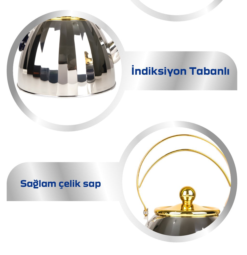 3 + 2 Litre Alman Çelik Çaydanlık – Şık Sarı Kulplu, Filtreli, İndüksiyon Uyumlu (Yan Yana Kullanım)