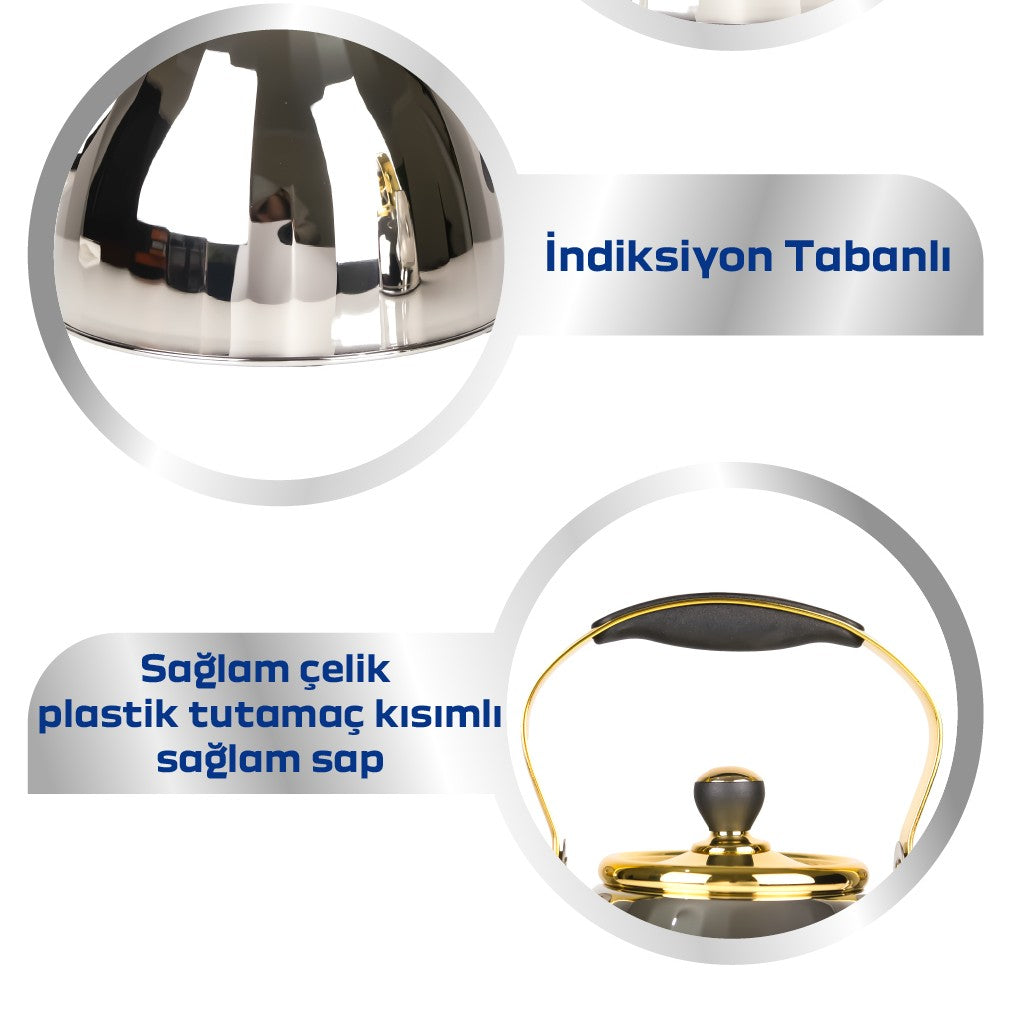 3 + 2 Litre Alman Çelik Çaydanlık – Şık Kulp Detaylı, Filtreli, İndüksiyon Uyumlu (Yan Yana Kullanım)