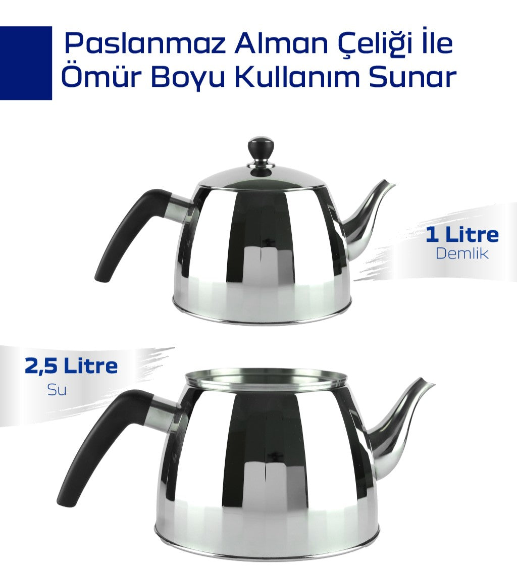 Premium Alman Çelik Çaydanlık – 2.5 + 1 Litre, Çay Filtresi ve İndüksiyon Tabanlı