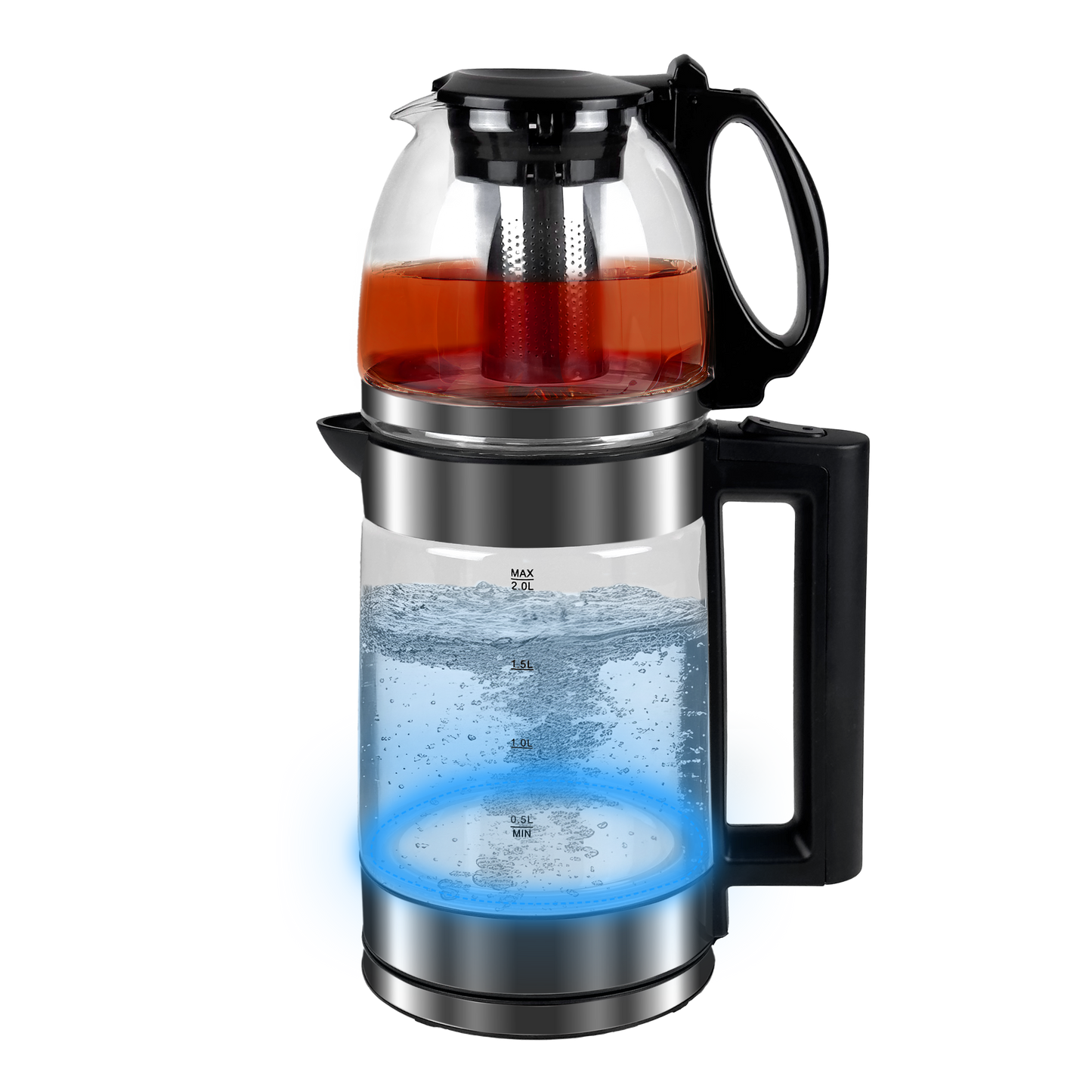 Cam Tasarımlı LED Işıklı Kettle Seti | 1500W Güç – 2L Alt + 0.8L Üst