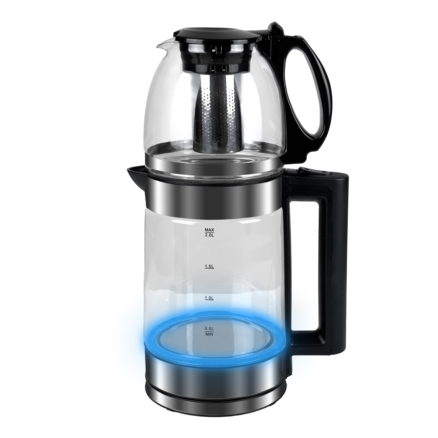Cam Tasarımlı LED Işıklı Kettle Seti | 1500W Güç – 2L Alt + 0.8L Üst