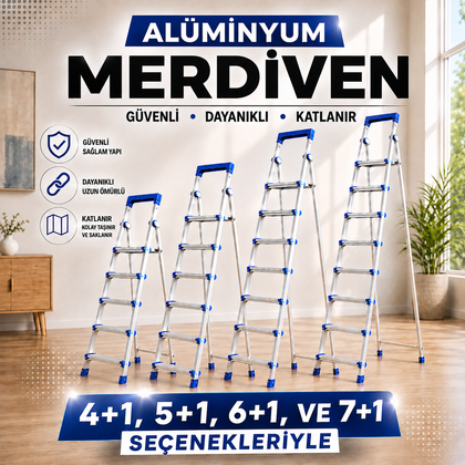 Perilla Alüminyum Katlanır Ev Tipi Merdiven 4+1, 5+1, 6+1 ve 7+1 Basamak Seçenekli