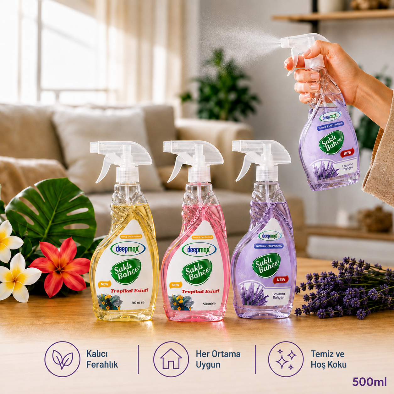 Deepmax Saklı Bahçe Oda ve Kumaş Parfümü 500 ML – Tropikal Esinti ve Lavanta Bahçesi Seçenekleriyle – Kalıcı Ferahlık ve Hoş Koku – Ev, Ofis, Perde ve Tekstil Kullanımına Uygun
