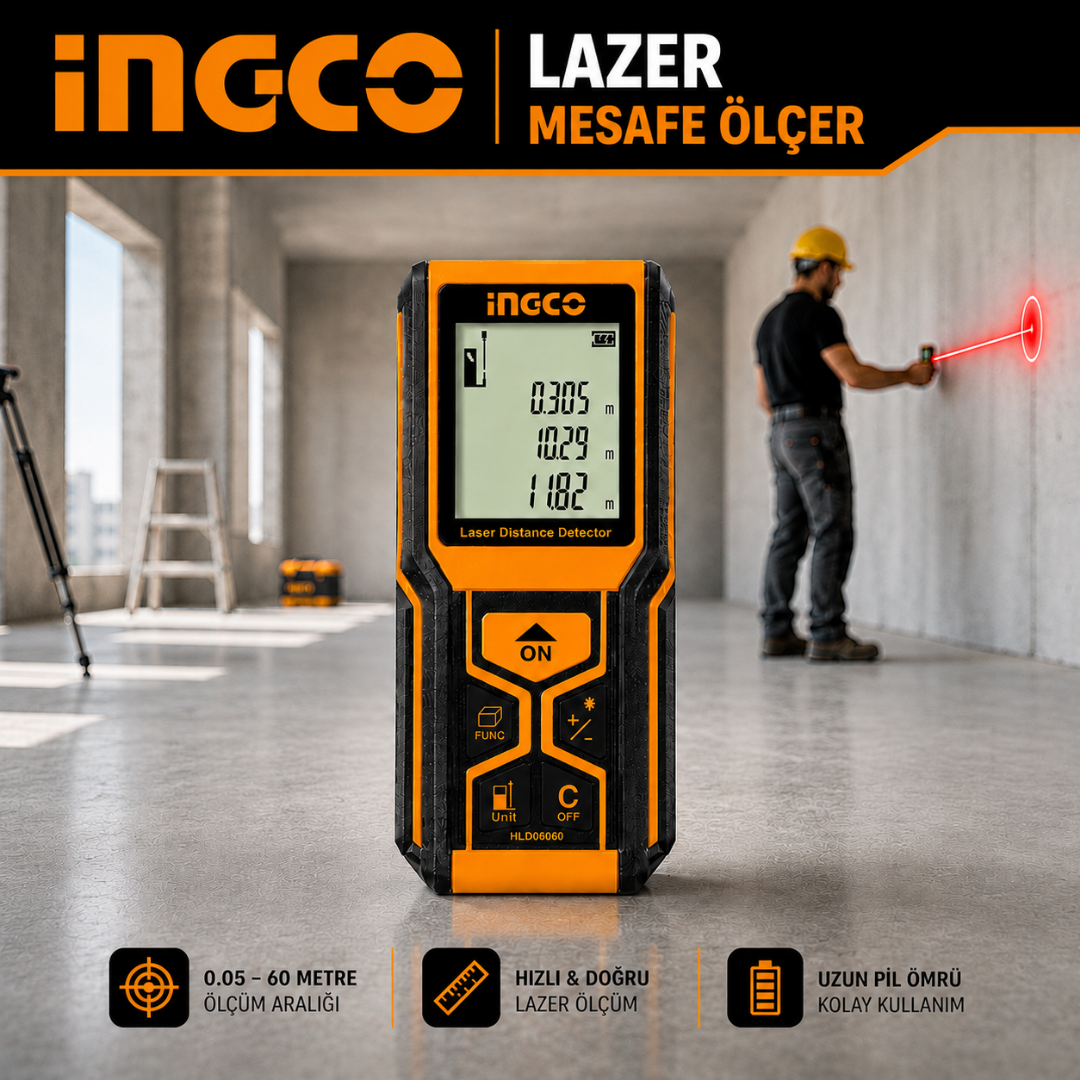 INGCO Lazer Mesafe Ölçer 60 Metre Dijital Mesafe Ölçüm Cihazı | Hassas Lazer Metre, LCD Ekran, Alan ve Hacim Hesaplama
