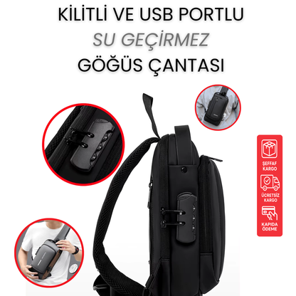 Şifreli Kilitli USB Portlu Su Geçirmez Göğüs Çantası