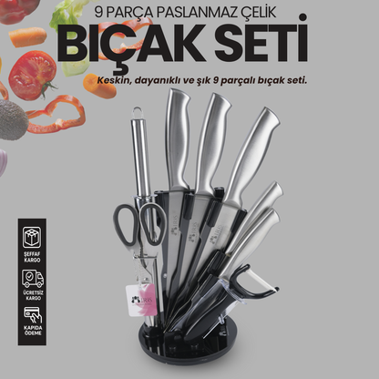 Profesyonel 9 Parça Bıçak Seti – 360° Dönen Stant ile beraber Üstün Keskinlik ve Şık Tasarım Bir Arada