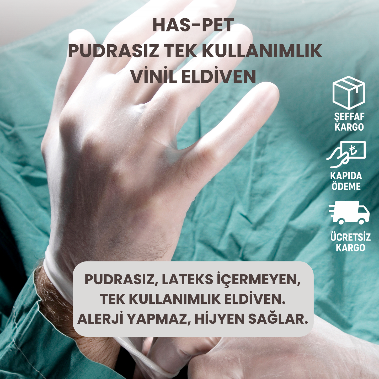 Has-Pet Pudrasız Tek Kullanımlık Vinil Eldiven – Lateks İçermez ( 5x100 Adet = 500 Adet )