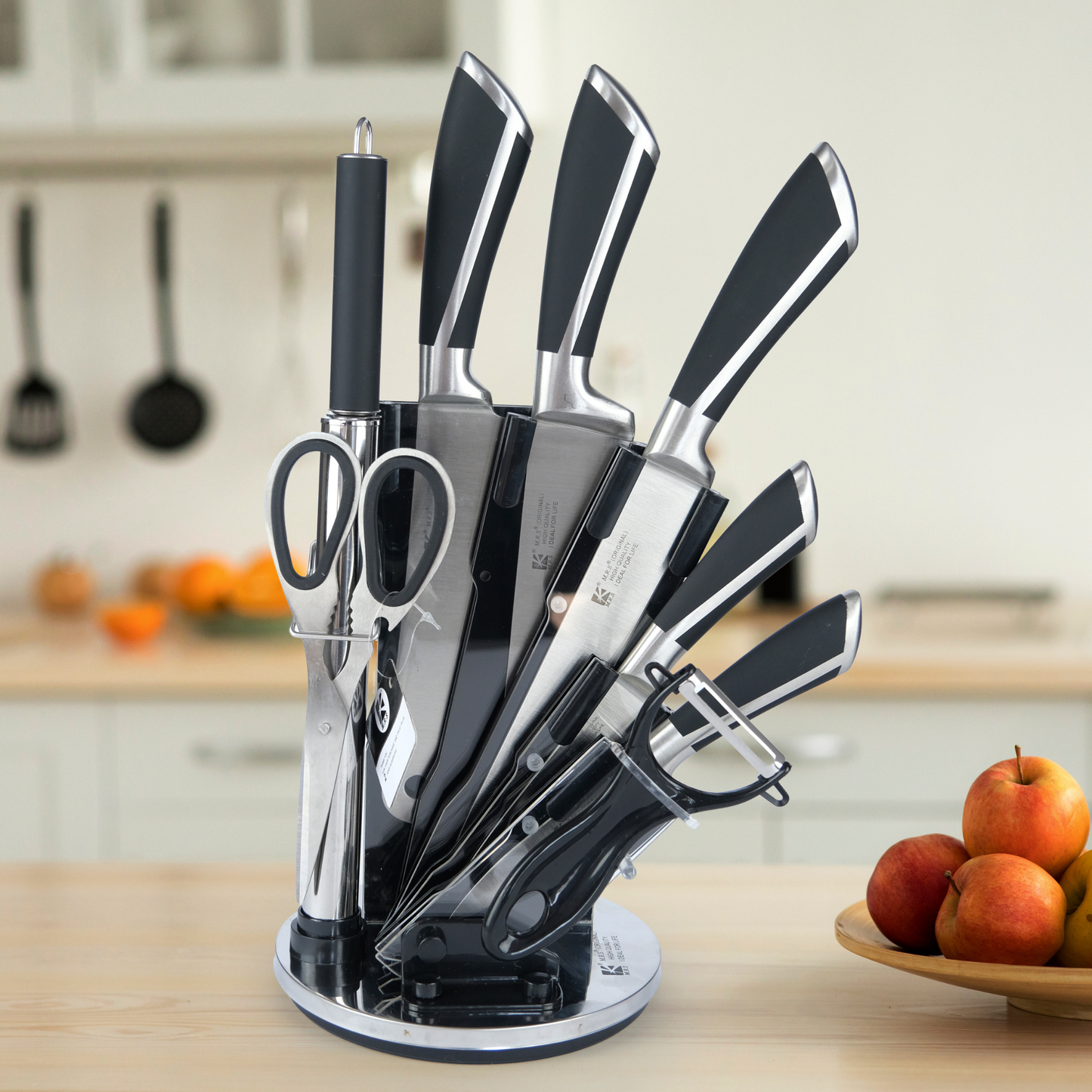 Profesyonel 9 Parça Bıçak Seti – 360° Dönen Stant ile beraber Üstün Keskinlik ve Şık Tasarım Bir Arada