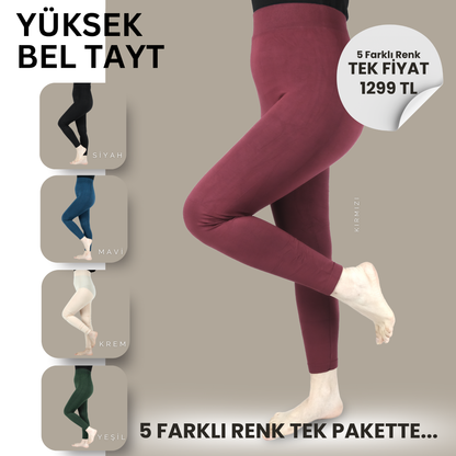 5 Renkli Nano Yüksek Belli Free Size Tayt Seti – 85 kg’a Kadar Uyumlu (5’li Paket)