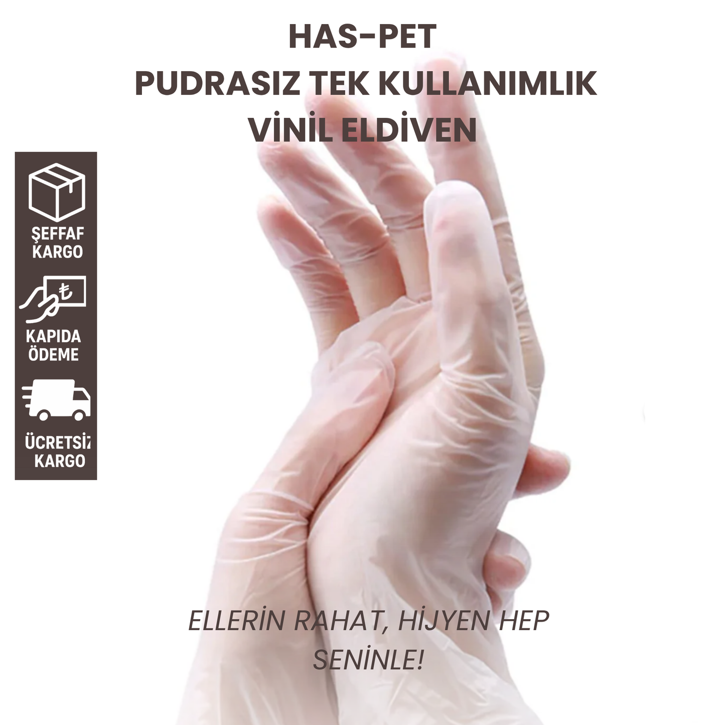 Has-Pet Pudrasız Tek Kullanımlık Vinil Eldiven – Lateks İçermez ( 5x100 Adet = 500 Adet )