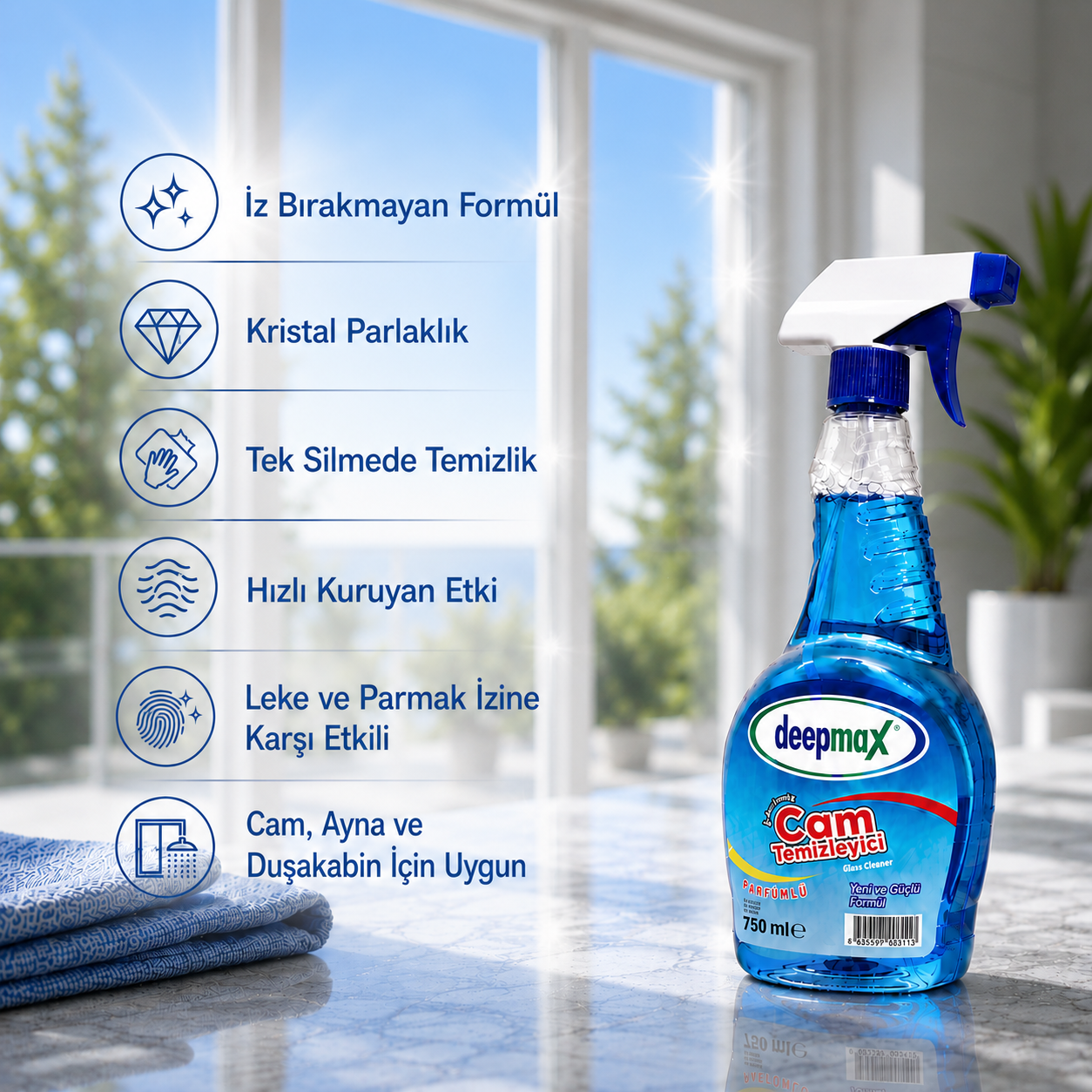 Deepmax Parfümlü Cam Temizleyici 750 ml – İz Bırakmayan Formül ile Kristal Parlaklık ve Hızlı Temizlik