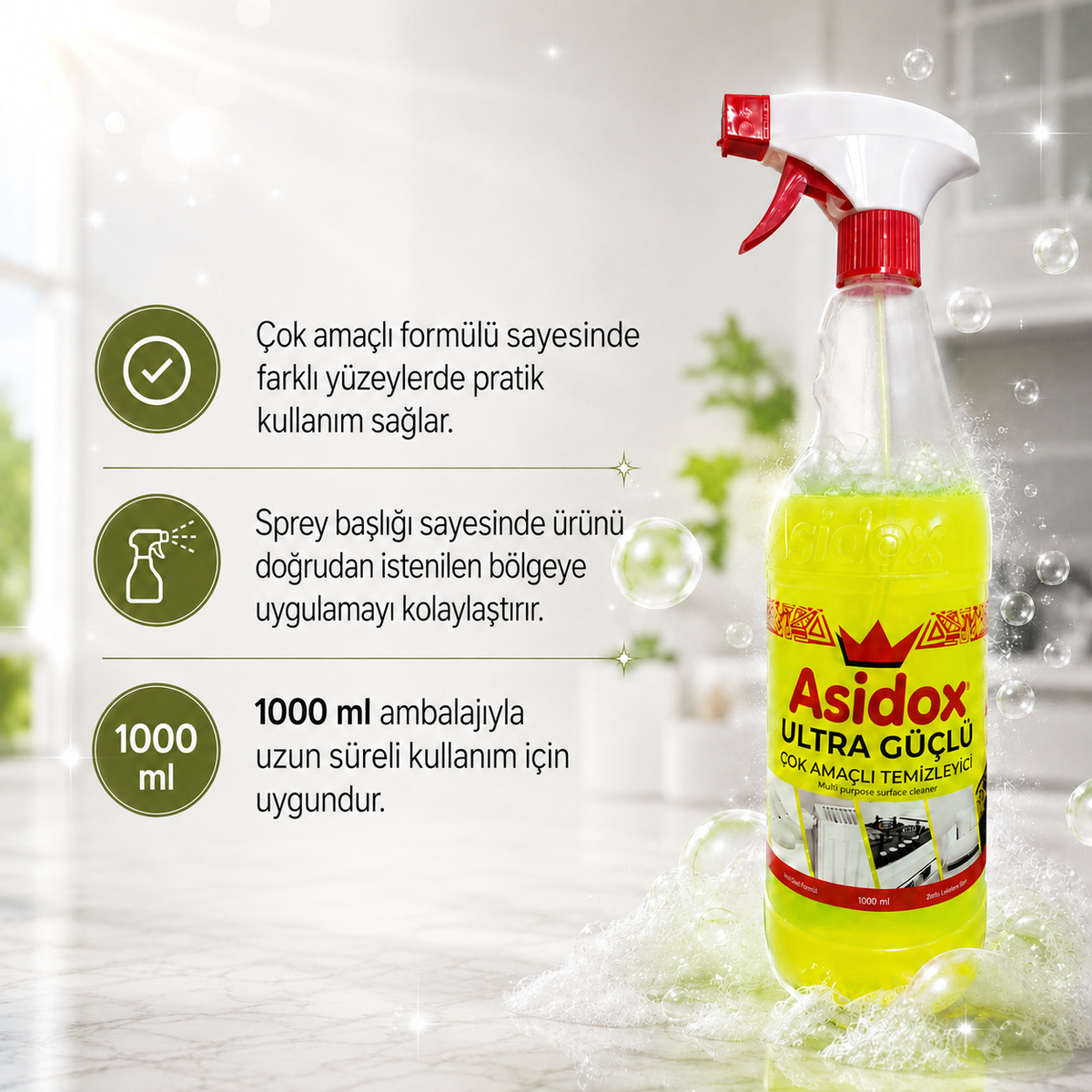 Asidox Ultra Güçlü  Çok Amaçlı Temizlik Spreyi 1000ML