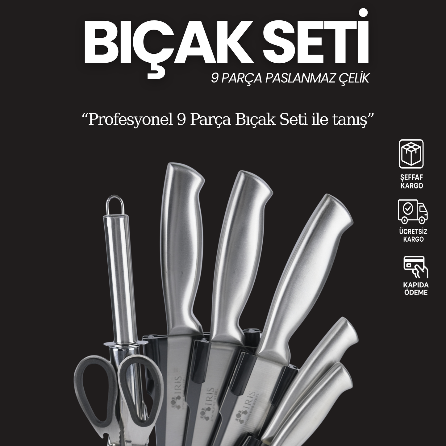 Profesyonel 9 Parça Bıçak Seti – 360° Dönen Stant ile beraber Üstün Keskinlik ve Şık Tasarım Bir Arada