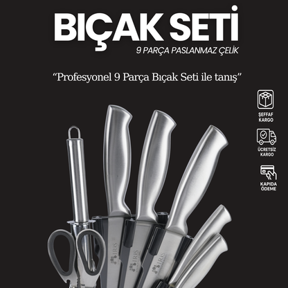 Profesyonel 9 Parça Bıçak Seti – 360° Dönen Stant ile beraber Üstün Keskinlik ve Şık Tasarım Bir Arada