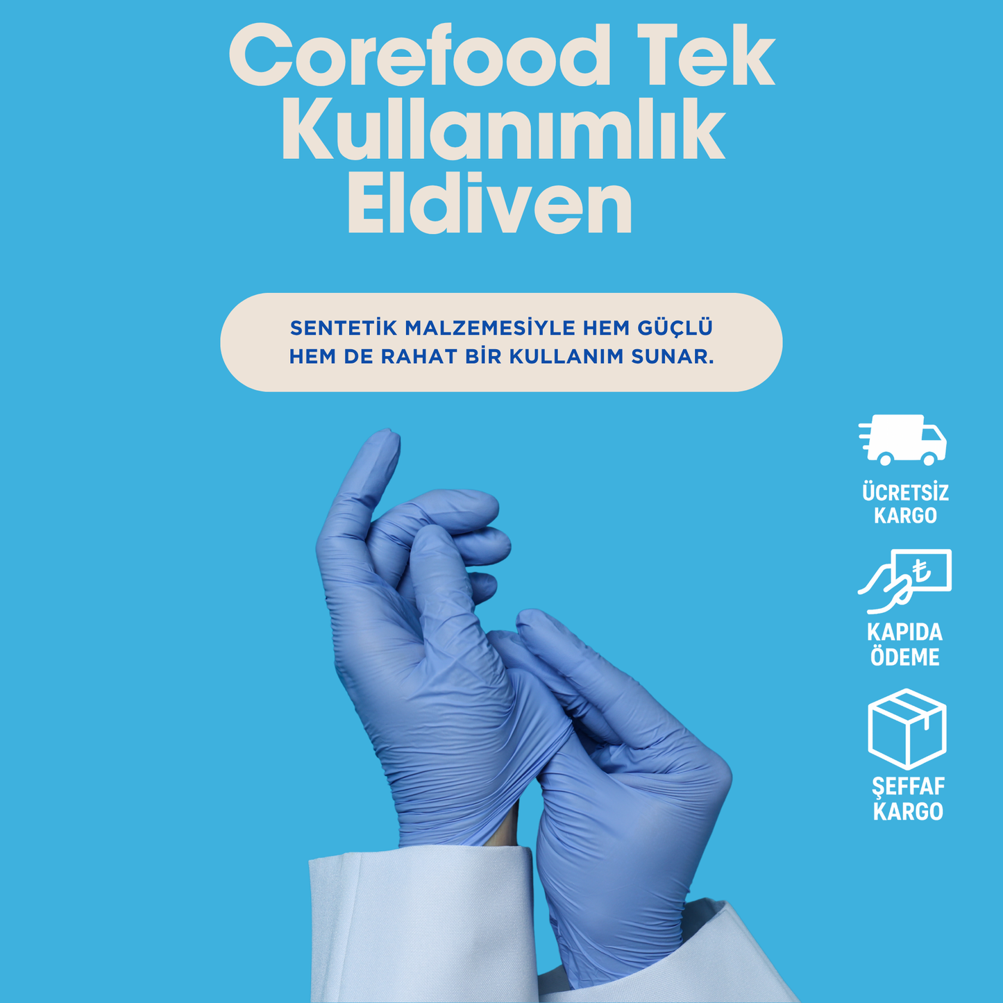 Corefood Tek Kullanımlık Eldiven - Pudrasız, Latekssiz,( 5x100 Adet = 500 Adet )