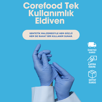 Corefood Tek Kullanımlık Eldiven - Pudrasız, Latekssiz,( 5x100 Adet = 500 Adet )