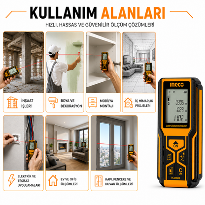 INGCO Lazer Mesafe Ölçer 60 Metre Dijital Mesafe Ölçüm Cihazı | Hassas Lazer Metre, LCD Ekran, Alan ve Hacim Hesaplama