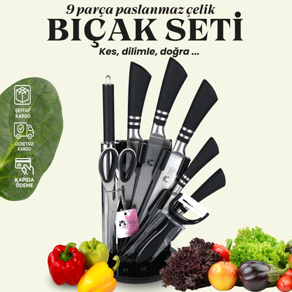 Profesyonel 9 Parça Bıçak Seti – 360° Dönen Stant ile beraber Üstün Keskinlik ve Şık Tasarım Bir Arada