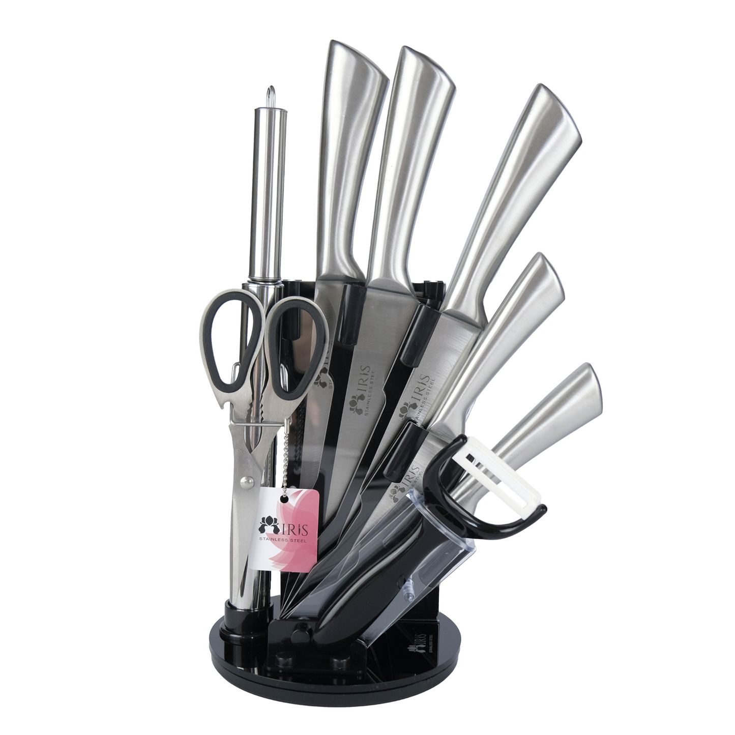 Profesyonel 9 Parça Bıçak Seti – 360° Dönen Stant ile beraber Üstün Keskinlik ve Şık Tasarım Bir Arada