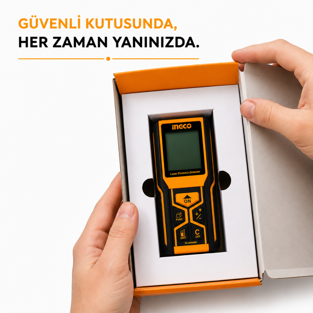 INGCO Lazer Mesafe Ölçer 60 Metre Dijital Mesafe Ölçüm Cihazı | Hassas Lazer Metre, LCD Ekran, Alan ve Hacim Hesaplama