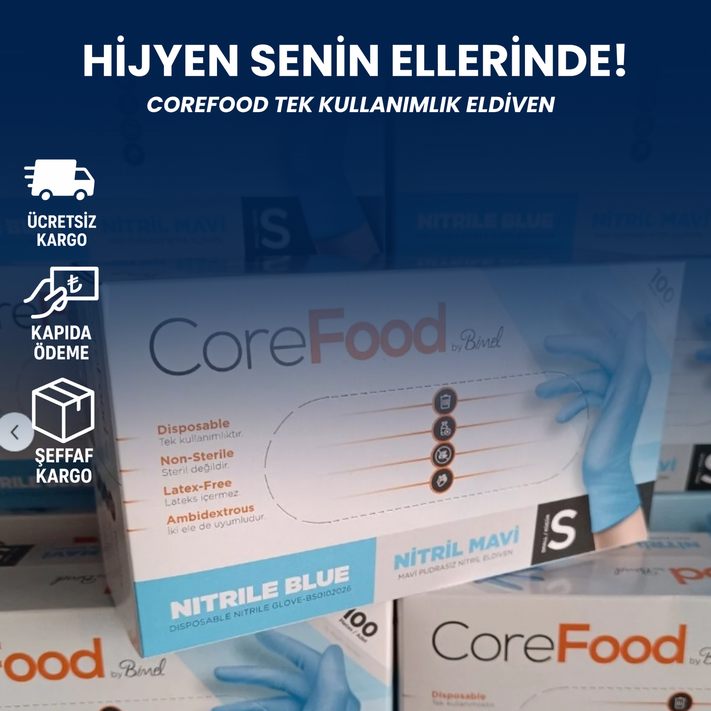 Corefood Tek Kullanımlık Eldiven - Pudrasız, Latekssiz,( 5x100 Adet = 500 Adet )