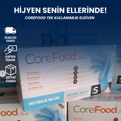 Corefood Tek Kullanımlık Eldiven - Pudrasız, Latekssiz,( 5x100 Adet = 500 Adet )