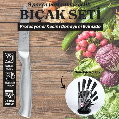 Profesyonel 9 Parça Bıçak Seti – 360° Dönen Stant ile beraber Üstün Keskinlik ve Şık Tasarım Bir Arada