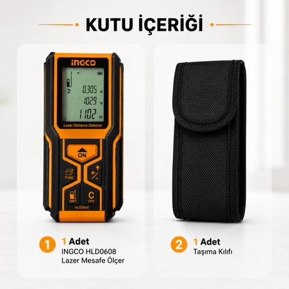 INGCO Lazer Mesafe Ölçer 60 Metre Dijital Mesafe Ölçüm Cihazı | Hassas Lazer Metre, LCD Ekran, Alan ve Hacim Hesaplama