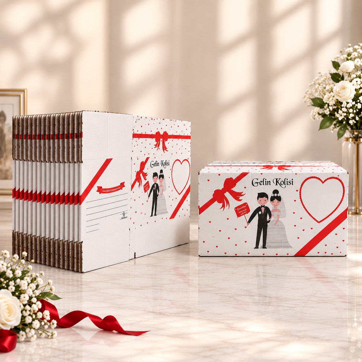 ÖZEL BASKILI GELİN KOLİSİ – 60x38x30 CM | DAYANIKLI VE ESTETİK TASARIM