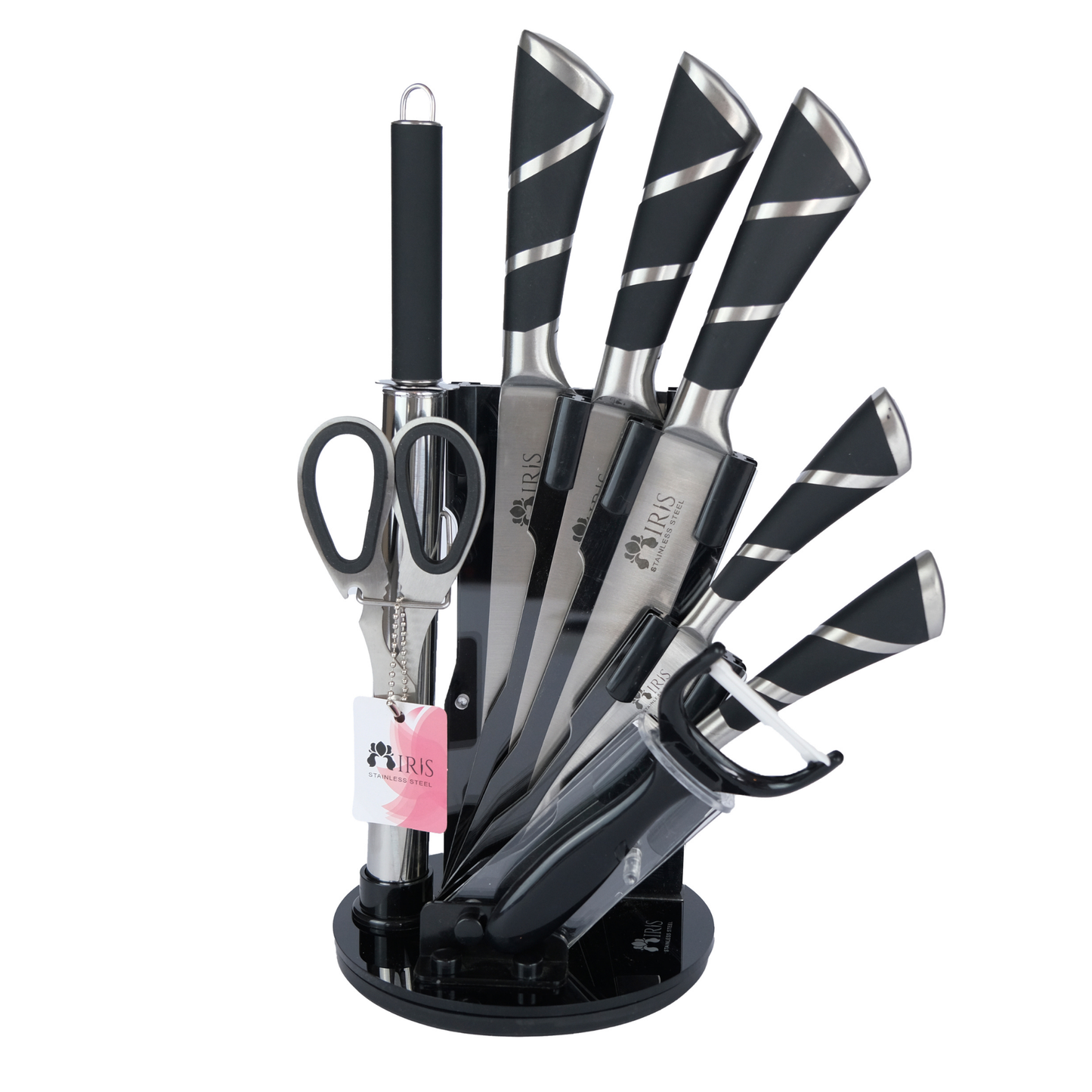 Profesyonel 9 Parça Bıçak Seti – 360° Dönen Stant ile beraber Üstün Keskinlik ve Şık Tasarım Bir Arada