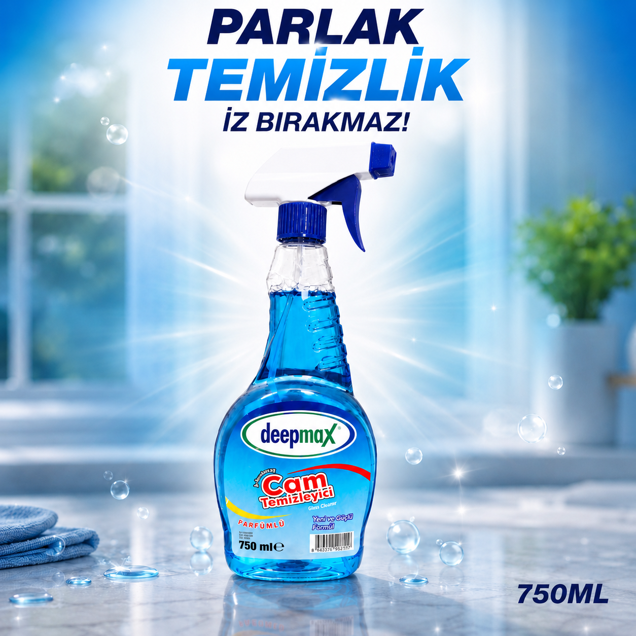 Deepmax Parfümlü Cam Temizleyici 750 ml – İz Bırakmayan Formül ile Kristal Parlaklık ve Hızlı Temizlik