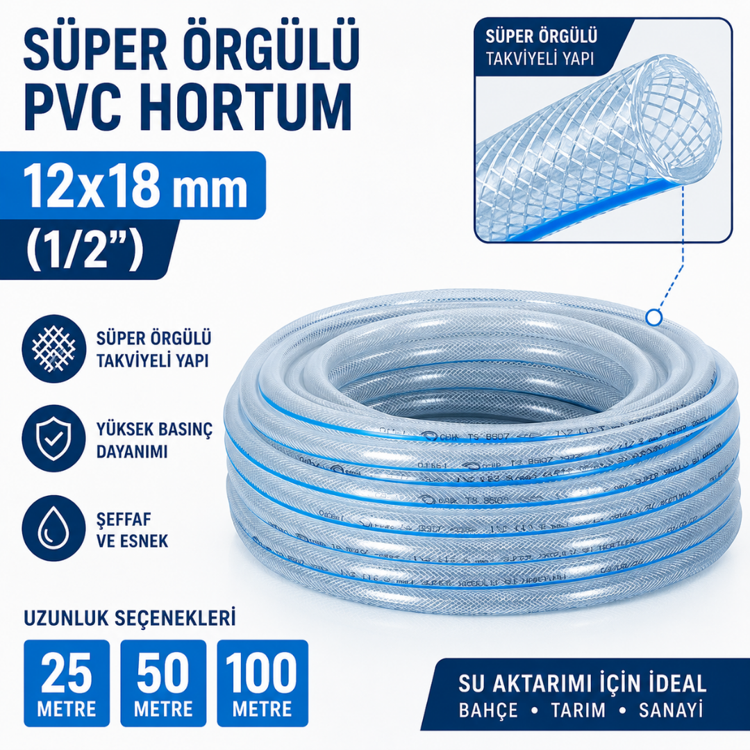 Süper Örgülü 12x18 mm Şeffaf Su Hortumu – Profesyonel PVC Bahçe ve Sulama Hortumu
