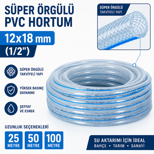 Süper Örgülü 12x18 mm Şeffaf Su Hortumu – Profesyonel PVC Bahçe ve Sulama Hortumu