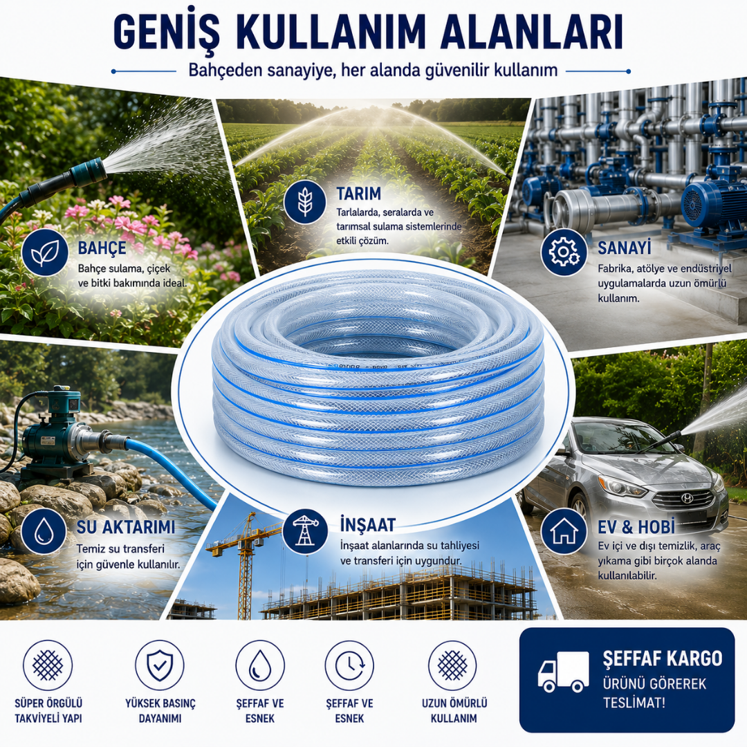 Süper Örgülü 12x18 mm Şeffaf Su Hortumu – Profesyonel PVC Bahçe ve Sulama Hortumu