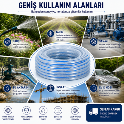 Süper Örgülü 12x18 mm Şeffaf Su Hortumu – Profesyonel PVC Bahçe ve Sulama Hortumu