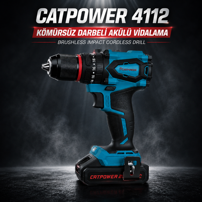 CATPOWER 4112 Kömürsüz Darbeli Akülü Vidalama 20V – Profesyonel Çift Akülü Şarjlı Matkap Vidalama, 50 Nm Tork, 13 mm Metal Mandren, 2 Vites, LED Aydınlatma ve 50 Parça Aksesuar Seti