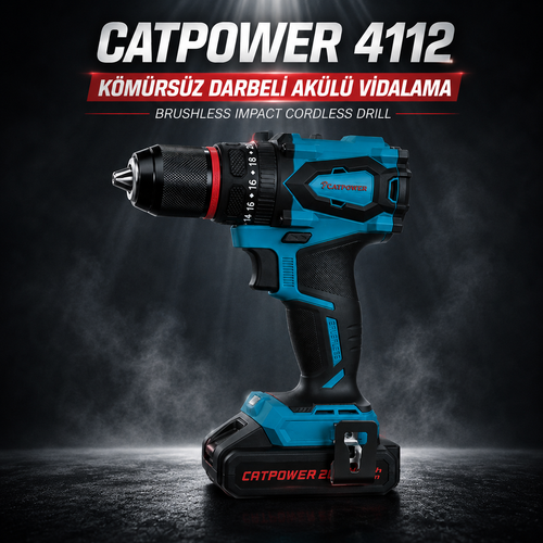 CATPOWER 4112 Kömürsüz Darbeli Akülü Vidalama 20V – Profesyonel Çift Akülü Şarjlı Matkap Vidalama, 50 Nm Tork, 13 mm Metal Mandren, 2 Vites, LED Aydınlatma ve 50 Parça Aksesuar Seti
