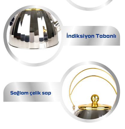 3 + 2 Litre Alman Çelik Çaydanlık – Şık Sarı Kulplu, Filtreli, İndüksiyon Uyumlu (Yan Yana Kullanım)