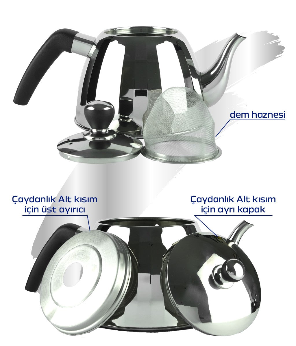 Premium Alman Çelik Çaydanlık – 2.5 + 1 Litre, Çay Filtresi ve İndüksiyon Tabanlı