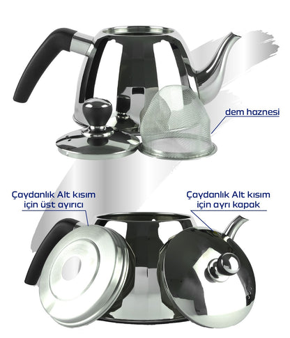 Premium Alman Çelik Çaydanlık – 2.5 + 1 Litre, Çay Filtresi ve İndüksiyon Tabanlı