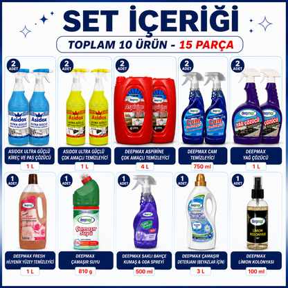 Deepmax 15 Parça Profesyonel Mega Temizlik Paketi  | Mutfak, Banyo ve Genel Temizlik Paketi