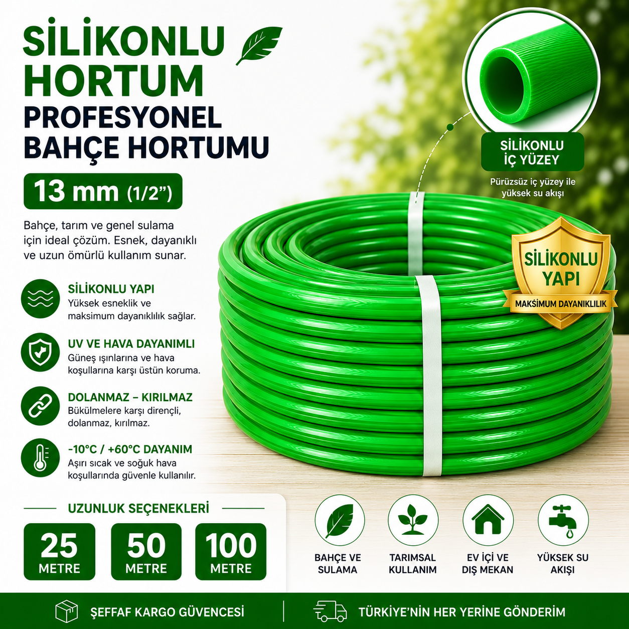 13 mm Silikonlu Kalın PVC Bahçe Hortumu – Profesyonel Sulama ve Su Hortumu