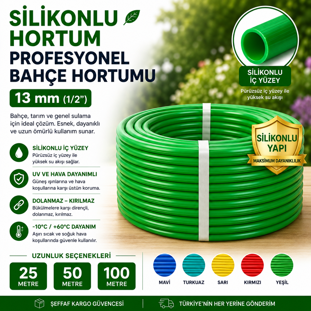 13 mm Silikonlu Kalın PVC Bahçe Hortumu – Profesyonel Sulama ve Su Hortumu