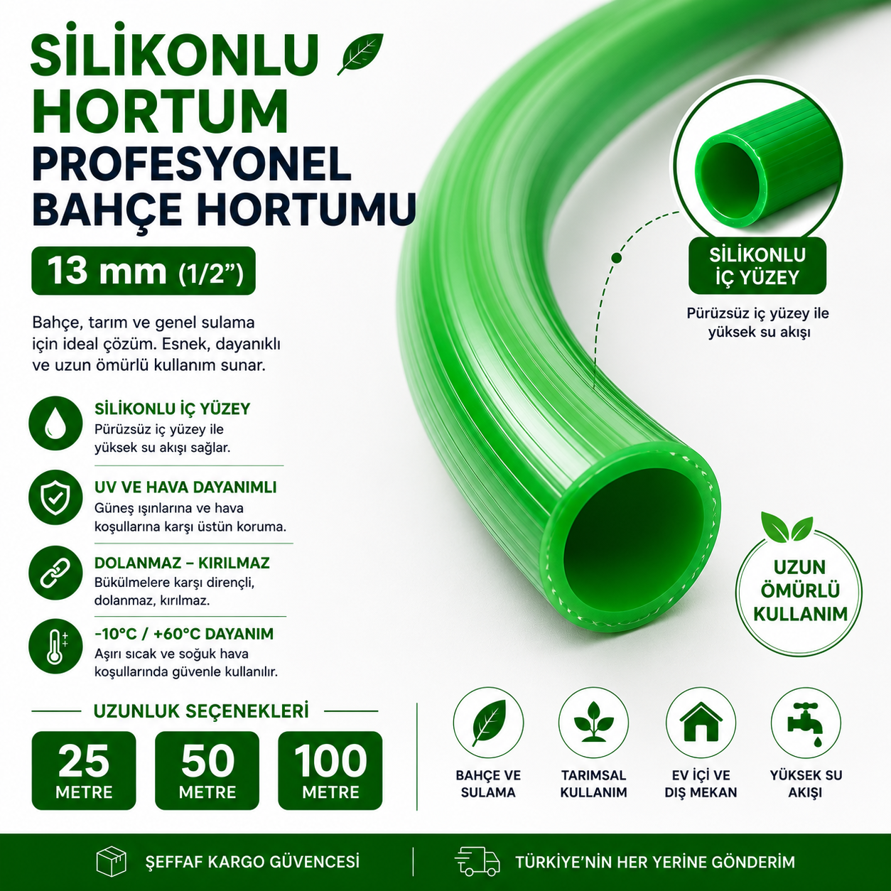 13 mm Silikonlu Kalın PVC Bahçe Hortumu – Profesyonel Sulama ve Su Hortumu