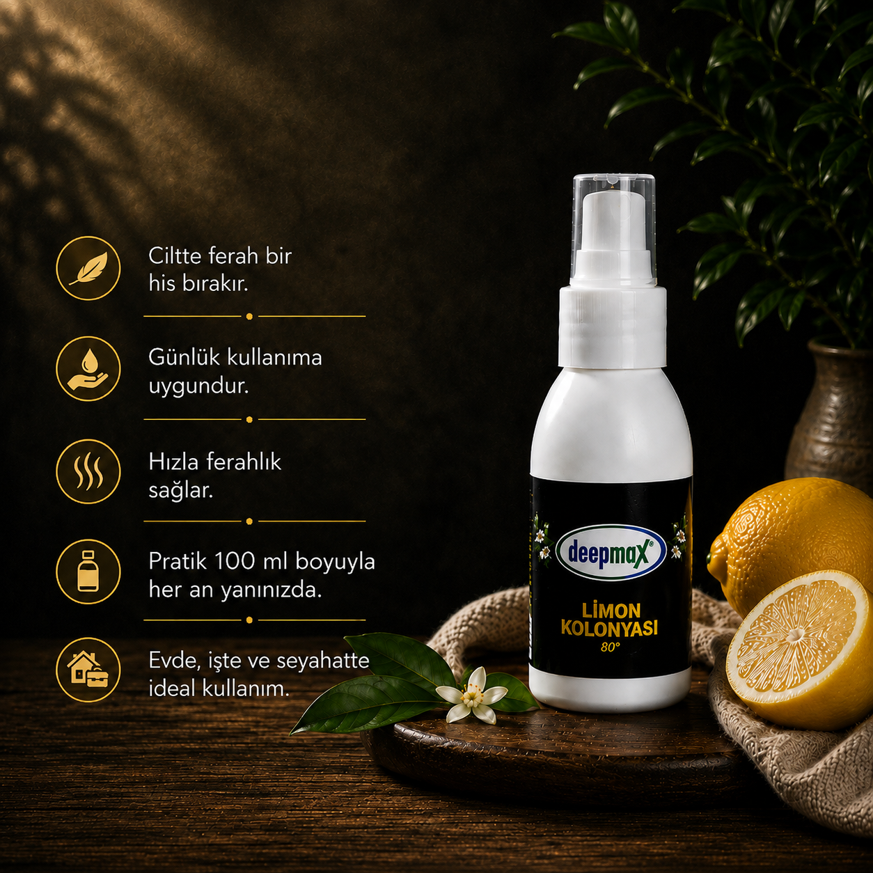 Deepmax Limon Kolonyası 80° 100 ML – Ferahlatıcı Limon Kokusu, Pratik Sprey Kullanım