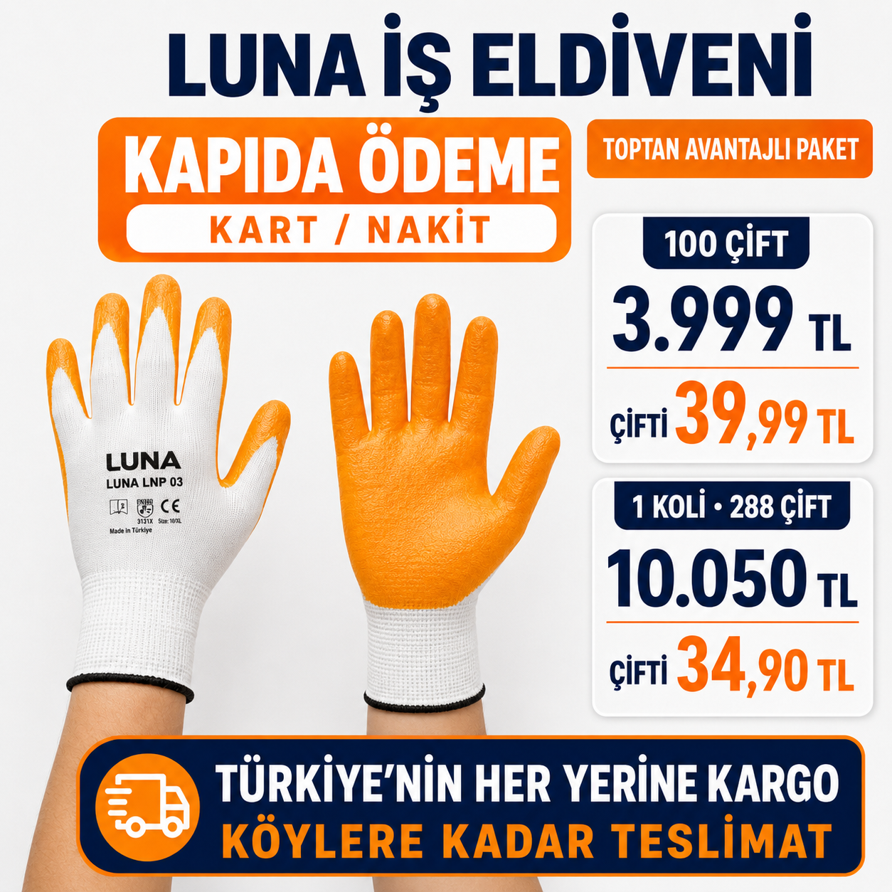 LUNA Profesyonel Turuncu Kaplamalı İş Eldiveni –  Toptan Paket