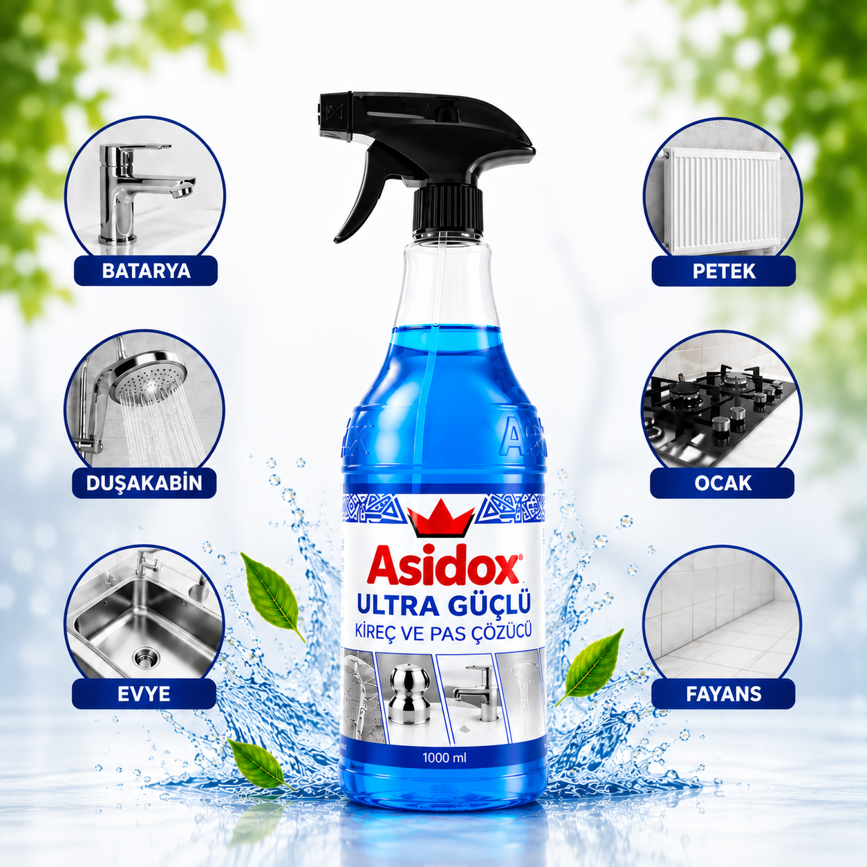 ASİDOX ULTRA GÜÇLÜ OVALAMA GEREKTİRMEYEN KİREÇ VE PAS ÇÖZÜCÜ-1000ml