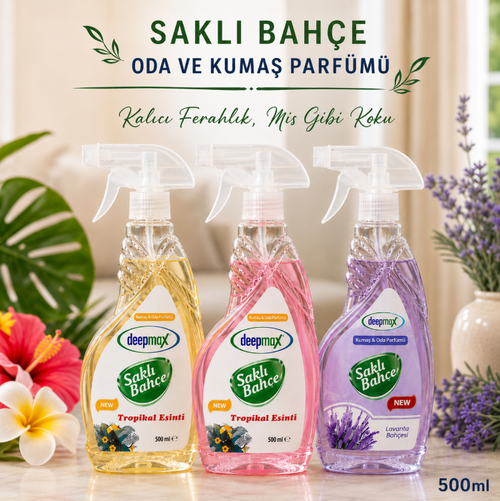 Deepmax Saklı Bahçe Oda ve Kumaş Parfümü 500 ML – Tropikal Esinti ve Lavanta Bahçesi Seçenekleriyle – Kalıcı Ferahlık ve Hoş Koku – Ev, Ofis, Perde ve Tekstil Kullanımına Uygun
